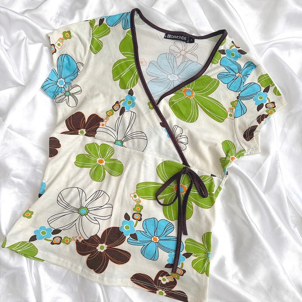 Diamonds Floral Wrap Top V-Neck Short Sleeve Y2K Retro Green Blue Brown Large